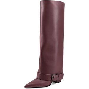 Women's Burgundy Wide Calf Pointed Toe Belt Buckle Knee High Fall Long Boot